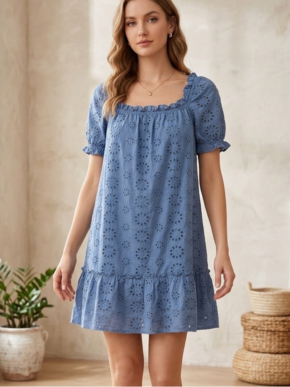 Elan Blue Eyelet Puff-Sleeve dress